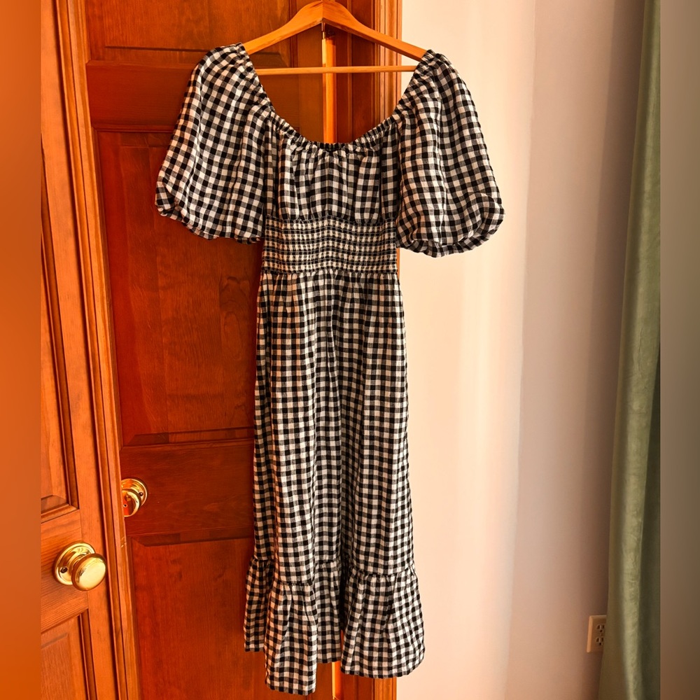 J. Crew Smocked-Waist Puff Sleeve Midi Dress in Gingham Linen